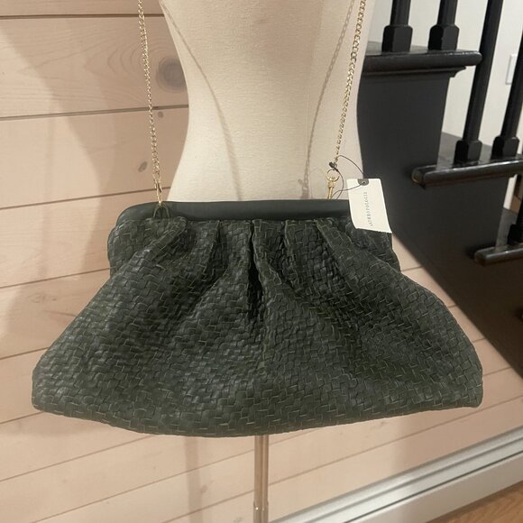 031 Anthropologie Woven Leather Clutch Dark with Chain NWT Emerald Green Leather - Picture 4 of 10